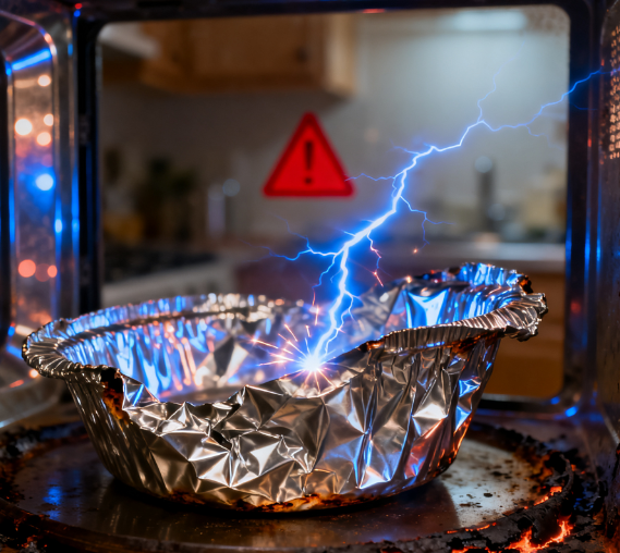 Kan ik serviesgoed van aluminiumfolie in de magnetron doen?
